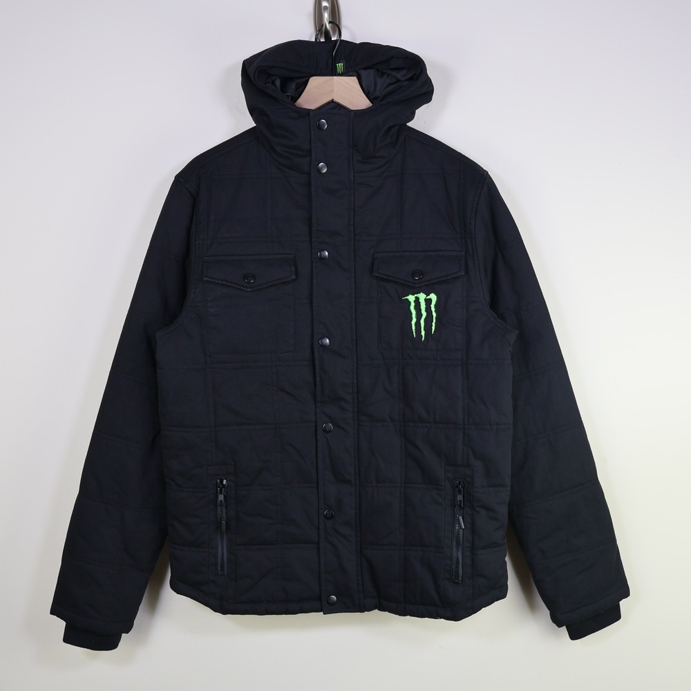 Monster Energy Quilted Hooded Parka Jacket Small Winter Black Cotton Snowboard